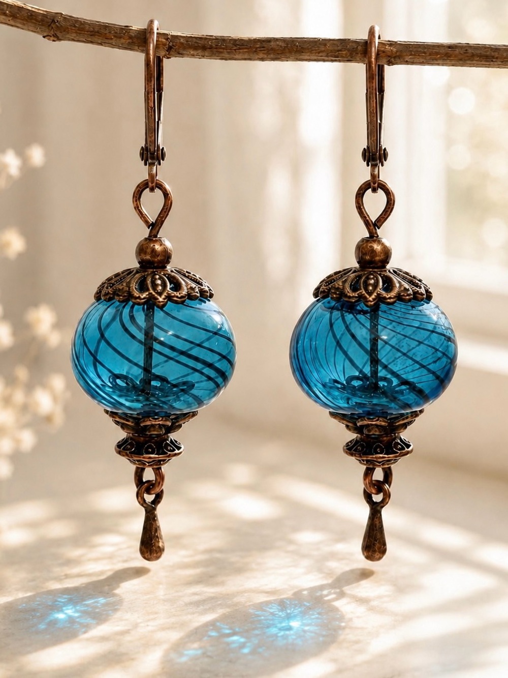 Blue Blown Glass Earrings, IrDeScene Swirl Dangles